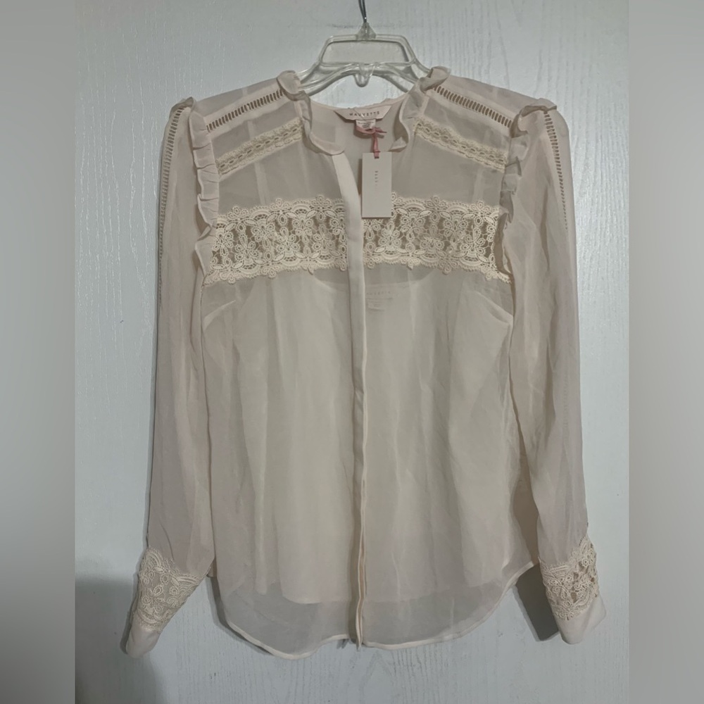 Mauvette Button Front Sheer Blouse with Lace Detail NWT